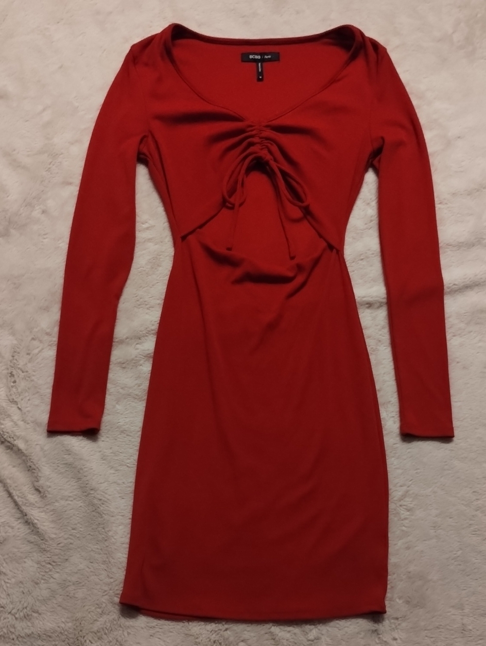 BCBG Paris Red Long Sleeve Ruched Front Dress
